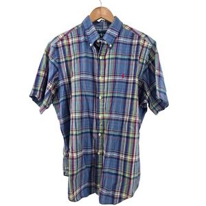 Ralph Lauren Button Down Mens Large Blue Plaid Classic Fit Short Sleeve Madras